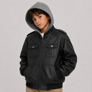 Boy's black faux leather (PU leather) bomber jacket with full-length silver metal zipper front, two chest flap pockets with silver snap button closures, two slanted welt side pockets, epaulettes on each shoulder with silver snap button, ribbed cuffs and hem in black ribbed knit, kid model front three-quarter view wearing hooded heather gray sweatshirt underneath and khaki cargo pants, no text or logo, white studio background