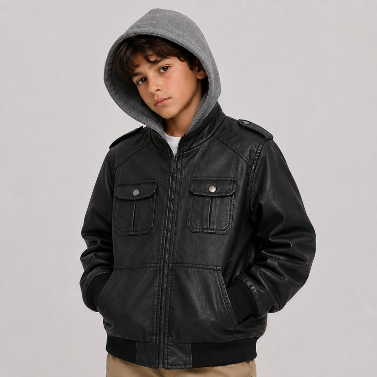 Boy's black faux leather (PU leather) bomber jacket with full-length silver metal zipper front, two chest flap pockets with silver snap button closures, two slanted welt side pockets, epaulettes on each shoulder with silver snap button, ribbed cuffs and hem in black ribbed knit, kid model front three-quarter view wearing hooded heather gray sweatshirt underneath and khaki cargo pants, no text or logo, white studio background