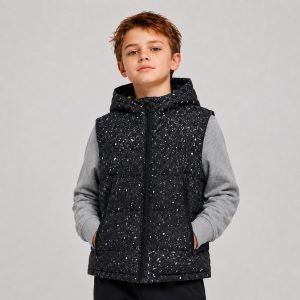 Boy's black and white speckle/terrazzo print quilted puffer vest with hood, full-length silver metal zipper front, two slanted welt side pockets at waist, sleeveless relaxed fit, kid model front view wearing heather gray sweatshirt underneath and black pants, white studio background, no text logo or patch, clean garment