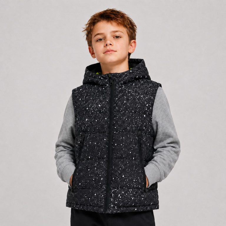 Boy's black and white speckle/terrazzo print quilted puffer vest with hood, full-length silver metal zipper front, two slanted welt side pockets at waist, sleeveless relaxed fit, kid model front view wearing heather gray sweatshirt underneath and black pants, white studio background, no text logo or patch, clean garment