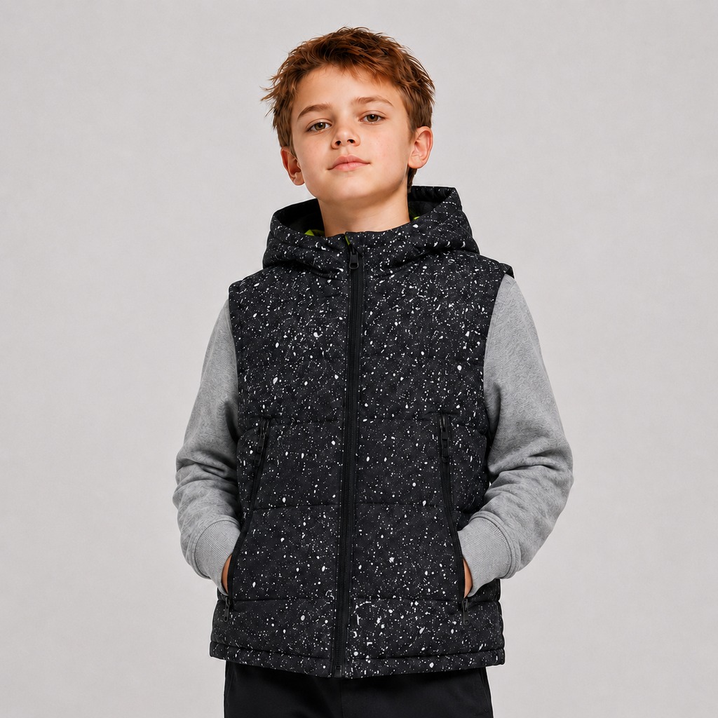Boy’s Quilted Puffer Vest – OEM Black White Speckle Print Hooded Zip-Up Puffer Vest Manufacturer | Northern Garment
