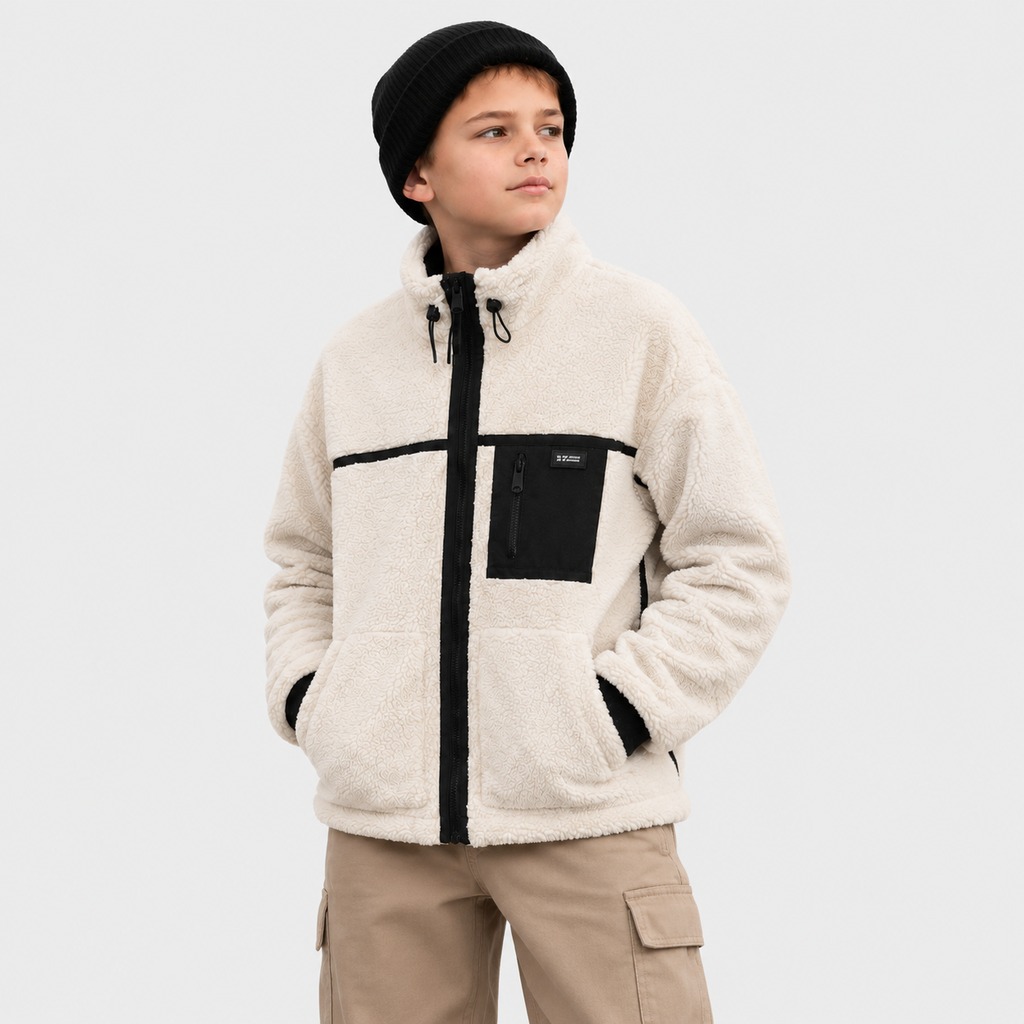 Boy’s Sherpa Fleece Jacket – OEM Cream Oatmeal Black Trim Funnel Collar Side Pocket Zip-Up Fleece Jacket Manufacturer | Northern Garment