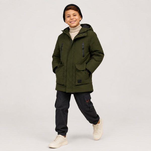 Boy's olive green mid-length utility parka puffer jacket with hood featuring black inner lining, full-length silver metal zipper front with hidden black snap button storm flap placket, vertical silver zip chest pocket on left chest, two large flap cargo pockets at waist with hidden snap button closures, small black rectangular MA-1 style garment label on lower right pocket (model code + MADE IN CHINA, fully customizable per OEM buyer), ribbed black knit cuffs, mid-length thigh-length silhouette, kid model front three-quarter view wearing black knit beanie cream turtleneck and black cargo pants with orange accents, clean light gray studio background