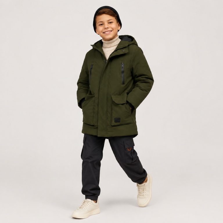 Boy's olive green mid-length utility parka puffer jacket with hood featuring black inner lining, full-length silver metal zipper front with hidden black snap button storm flap placket, vertical silver zip chest pocket on left chest, two large flap cargo pockets at waist with hidden snap button closures, small black rectangular MA-1 style garment label on lower right pocket (model code + MADE IN CHINA, fully customizable per OEM buyer), ribbed black knit cuffs, mid-length thigh-length silhouette, kid model front three-quarter view wearing black knit beanie cream turtleneck and black cargo pants with orange accents, clean light gray studio background