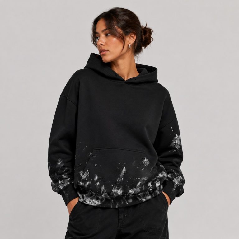 Women's oversized black pullover hoodie with abstract white-gray paint splatter and brushstroke distressing across the kangaroo pocket, hem, and sleeve cuffs, kangaroo pocket, drawcord hood, ribbed cuffs and hem, model front three-quarter view, low bun hairstyle, silver hoop earring