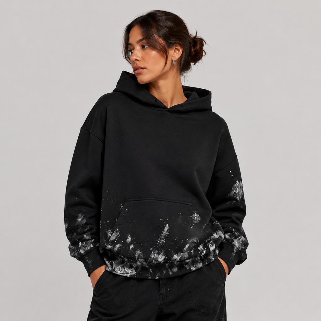 Women’s Distressed Pullover Hoodie – OEM Black Paint Splatter Oversized Pullover Hoodie Manufacturer | Northern Garment
