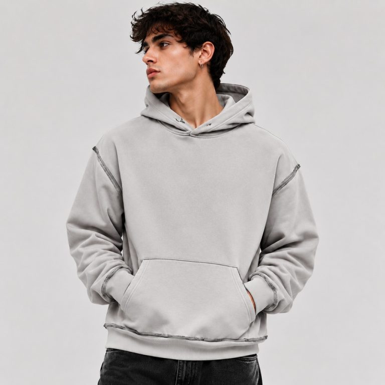 Men's oversized light gray pullover hoodie with kangaroo pocket, drawcord hood, exposed raw-edge distressed seams on shoulder drop-line and bottom hem ribbing, ribbed cuffs and hem, model front three-quarter view, silver hoop earring