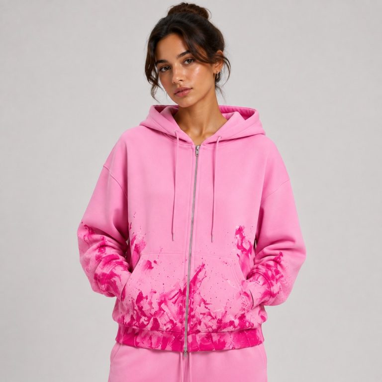 Women's light pink zip-up hoodie with full-length silver metal zipper, drawcord hood, split kangaroo pockets, abstract magenta and hot pink paint splatter and tie-dye effect across hem, pockets, and sleeve cuffs, ribbed cuffs and waistband, model front view with hair bun, small silver hoop earrings