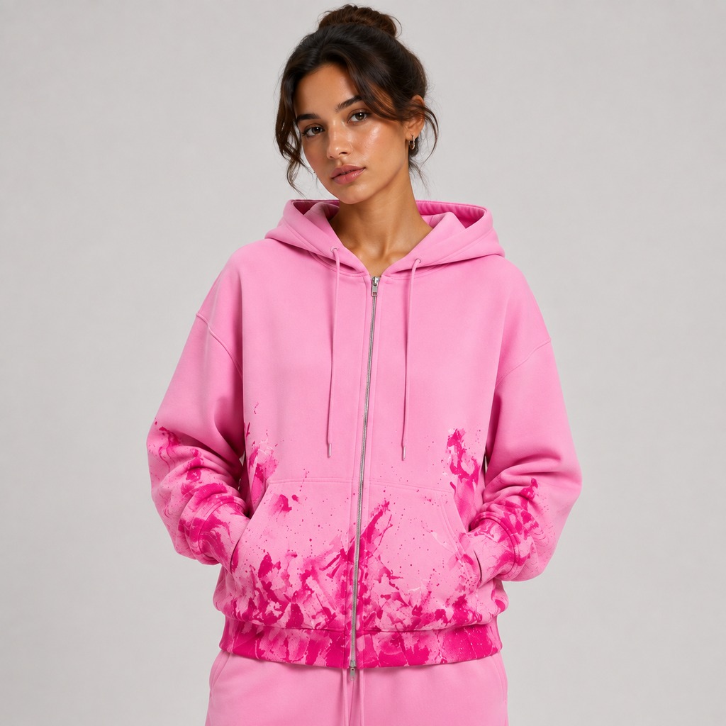 Women’s Distressed Zip-Up Hoodie – OEM Light Pink Magenta Paint Splash Zip Front Hoodie Manufacturer | Northern Garment