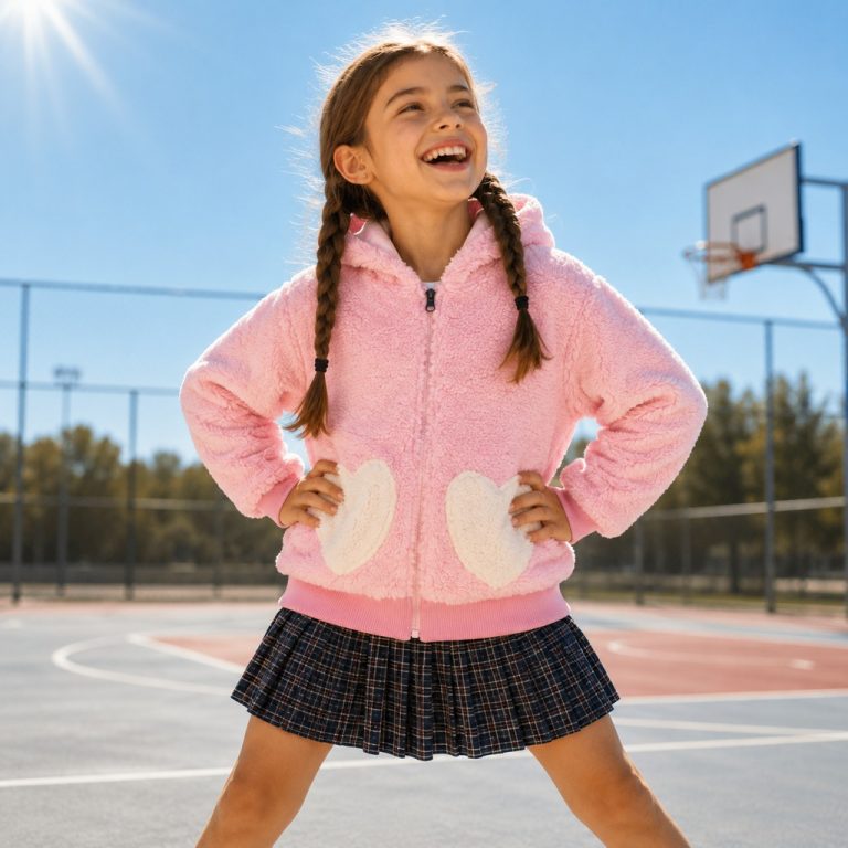 Girl's light pink sherpa fleece zip-up hoodie jacket with hood, full-length front zipper, two cream heart-shaped fuzzy front patch pockets, ribbed cuffs and waistband, schoolgirl pleated plaid skirt, basketball court playground background, kid model with double braids smiling hands in pockets front view
