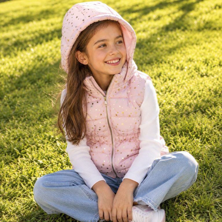 Girl's light pink hooded puffer vest with full-length silver metal zipper front, scattered gold metallic five-point star print across the body, gathered elasticated waist, hood, paired with white long-sleeve knit top and light blue jeans, kid model sitting cross-legged on grass, smiling front view