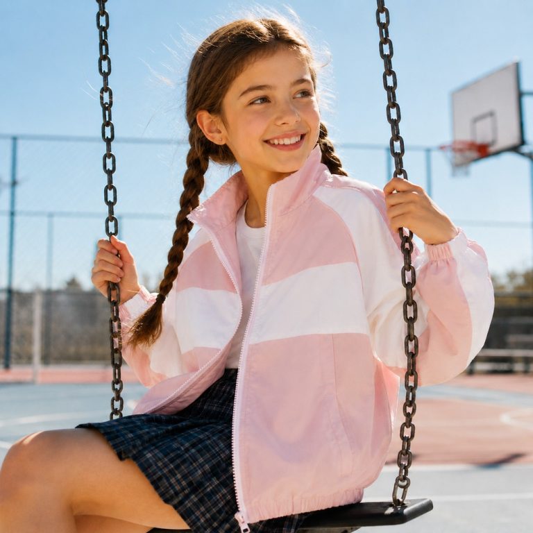 Girl's light pink and white color-block zip-up windbreaker with full-length silver metal zipper, stand collar, color-blocked panel construction with pink shoulders sleeves and lower body plus white chest stripe, elasticated cuffs and hem, kid model sitting on swing at outdoor playground, smiling front three-quarter view, braided hair, small stud earrings, plaid pleated skirt