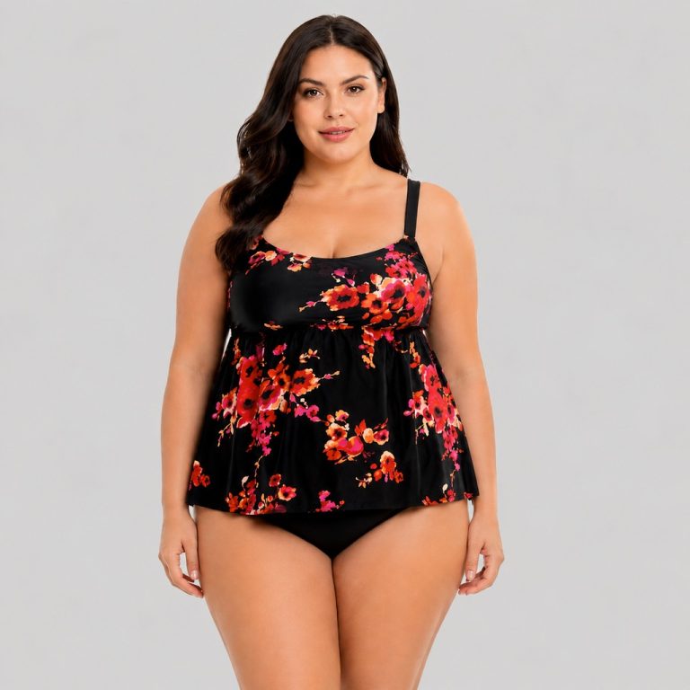 Women's plus-size black tankini top with red, orange, pink, and yellow floral print, scoop neck, wide adjustable straps, empire waist ruffle hem, matching black brief, model front view