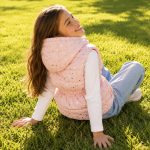 Girl's light pink hooded puffer vest with hood up, full-length silver metal zipper, scattered gold metallic five-point star print continuing across back and hood, gathered elasticated waist, paired with white long-sleeve knit top and light blue jeans, kid model sitting on grass back three-quarter view