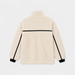 Boy's cream oatmeal sherpa fleece zip-up jacket flat lay product photo back, high funnel collar, horizontal black trim stripe across upper back, vertical black trim stripes along sleeve seams, contrasting black ribbed cuffs and hem, clean white studio background for B2B catalog, no text or logo