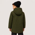 Boy's olive green mid-length utility parka puffer jacket flat lay product photo back, hood with drawstring and black inner lining visible, horizontal back yoke seam, mid-length thigh-length silhouette, no text or logo, clean light gray studio background for B2B catalog