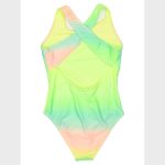 Neon green and pink tie-dye one-piece swimsuit with crisscross back straps, displayed on a mannequin against a white background.