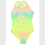 Front view of a one-piece swimsuit in a neon pink, green, and yellow ombre tie-dye pattern, featuring a crisscross back design and a gold metallic pineapple graphic on the front.