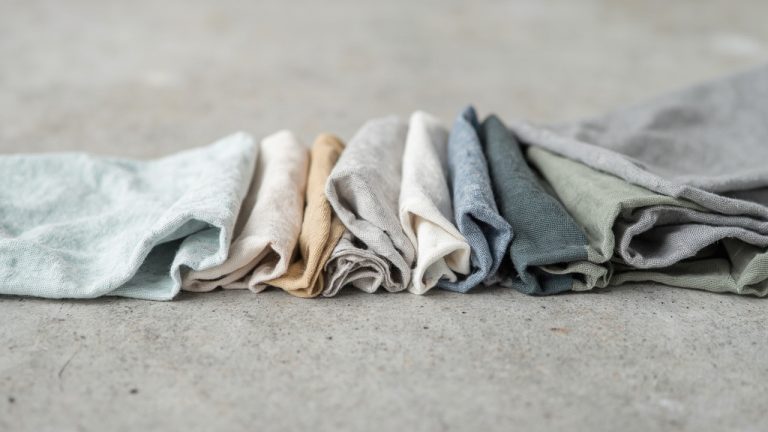 Stacked fabric swatches showing recycled polyester and spandex textile samples on neutral background