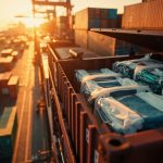 Stacked intermodal shipping containers at a port at golden hour, with one open container showing neatly folded garments in clear packaging ready for global dispatch.