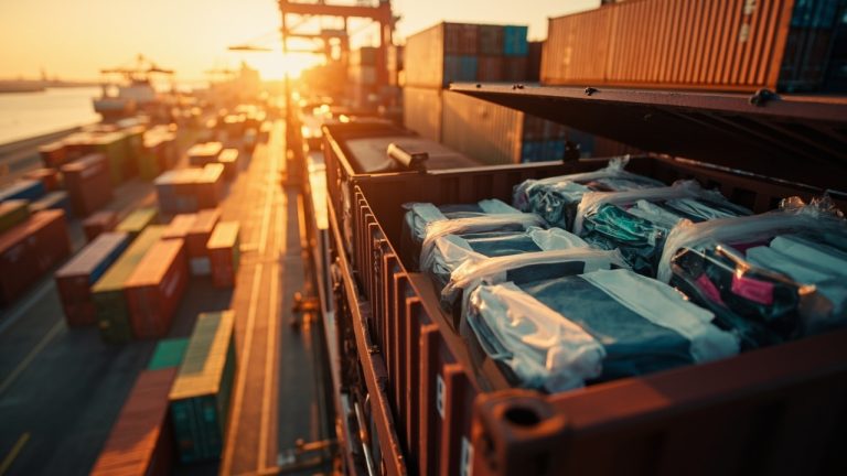 Stacked intermodal shipping containers at a port at golden hour, with one open container showing neatly folded garments in clear packaging ready for global dispatch.