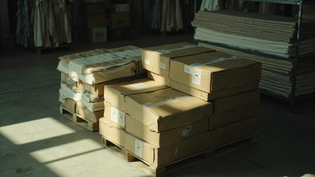 Neatly stacked cartons of finished garments on pallets inside a clean apparel factory warehouse, with fabric rolls on racks in the background under soft natural light.