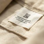 Close-up photo of a beige fabric label with a QR code and partially legible Digital Product Passport text, showing woven clothing material.