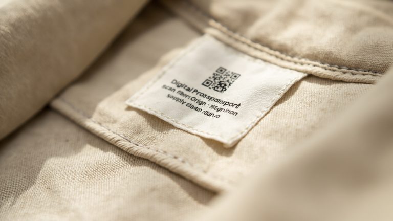 Close-up photo of a beige fabric label with a QR code and partially legible Digital Product Passport text, showing woven clothing material.