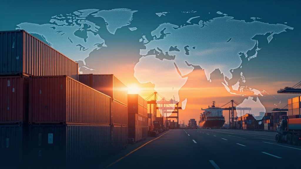 Global shipping container port at dusk with cargo cranes and freight ship, representing 2026 US Section 301 apparel tariff impact on Asian sourcing