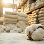 White cotton bales stacked in a textile mill warehouse with greige fabric rolls, illustrating 2026/27 cotton supply constraints from climate and rising input costs