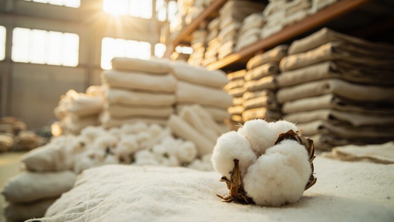 White cotton bales stacked in a textile mill warehouse with greige fabric rolls, illustrating 2026/27 cotton supply constraints from climate and rising input costs