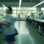 Industrial apparel production line with multiple workers operating sewing machines under fluorescent lights in a spacious facility.