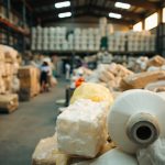 Stacked cotton bales and rolls of polyester filament yarn in a textile warehouse.