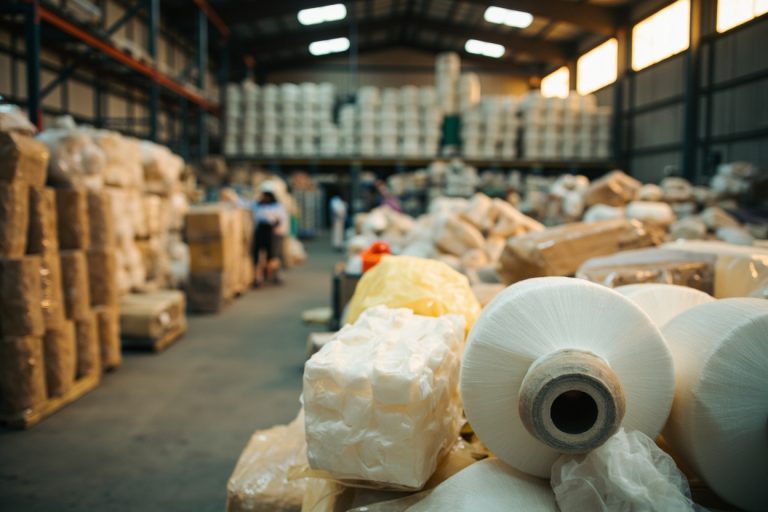 Stacked cotton bales and rolls of polyester filament yarn in a textile warehouse.