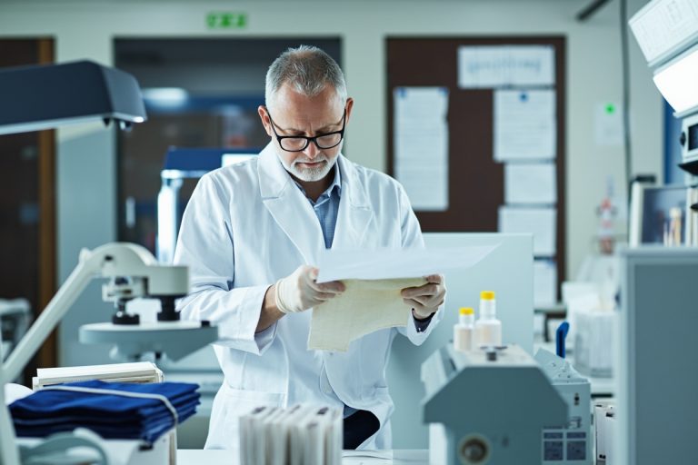 Textile testing laboratory scene with fabric samples and testing equipment.