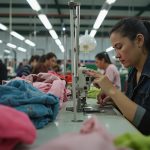 Garment factory production line with workers sewing outerwear, organized industrial setting.