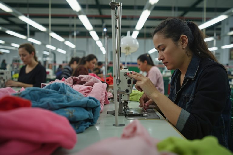Garment factory production line with workers sewing outerwear, organized industrial setting.