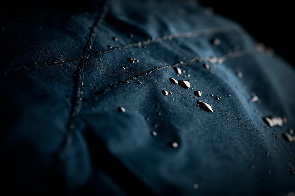 Water droplets beading on a technical outerwear fabric, hydrophobic coating visible.