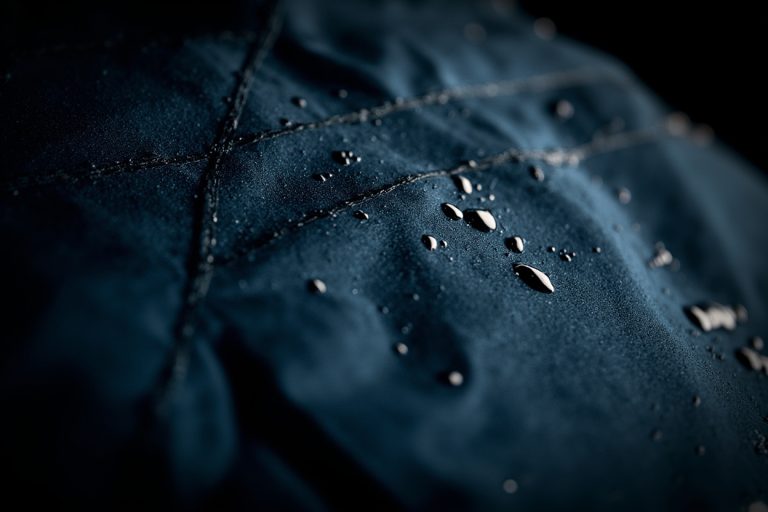 Water droplets beading on a technical outerwear fabric, hydrophobic coating visible.