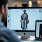 3D garment design software interface on a modern computer screen, showing virtual clothing.