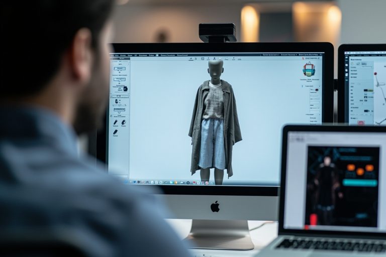 3D garment design software interface on a modern computer screen, showing virtual clothing.