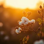 Organic cotton plants growing in a field at golden hour, sustainable agriculture.