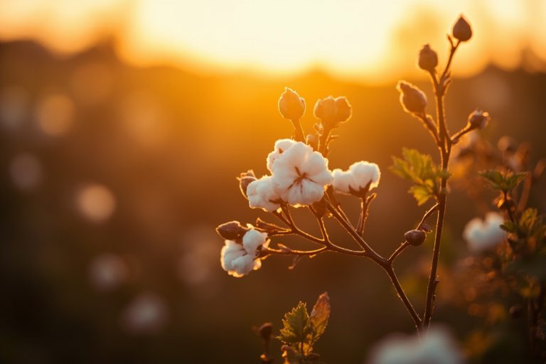 Organic cotton plants growing in a field at golden hour, sustainable agriculture.