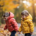 Two children wearing colorful puffer jackets playing outdoors in autumn, family lifestyle.