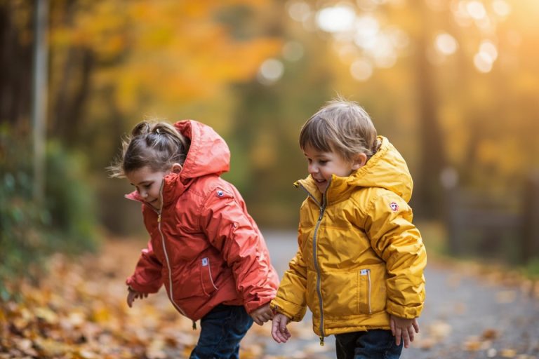 Two children wearing colorful puffer jackets playing outdoors in autumn, family lifestyle.