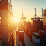Stacked shipping containers at a busy Asian port at golden hour, container cranes visible.