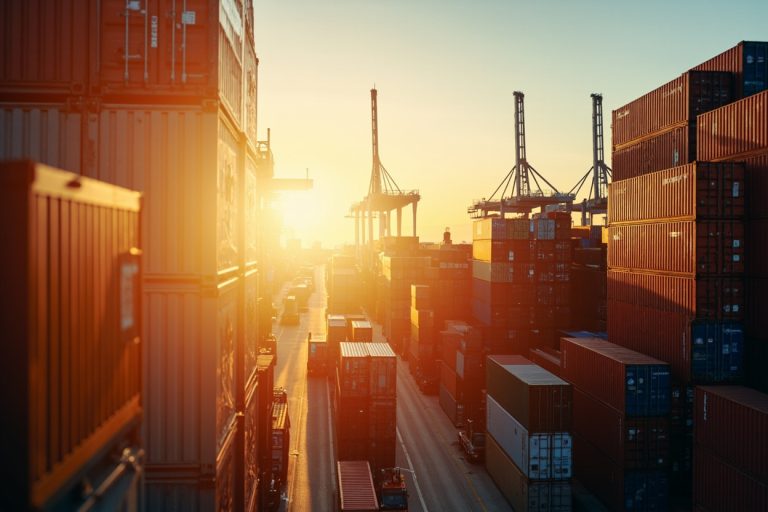 Stacked shipping containers at a busy Asian port at golden hour, container cranes visible.