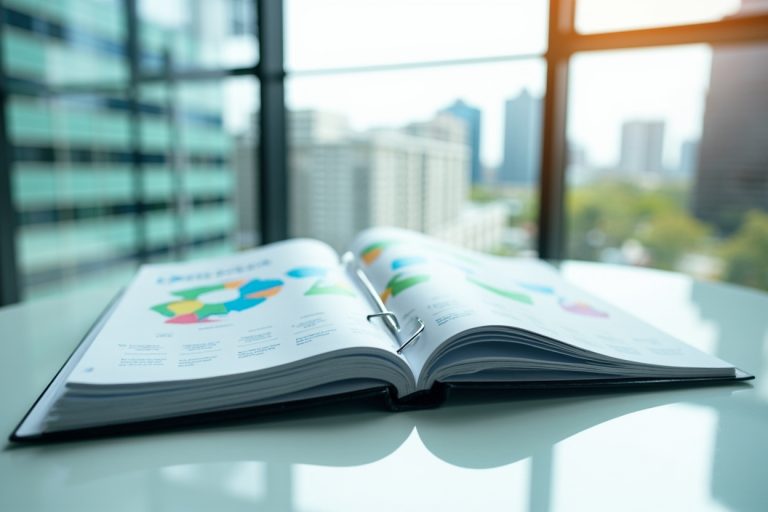 Corporate sustainability report binder on a clean desk with data visualization, glass windows in background.