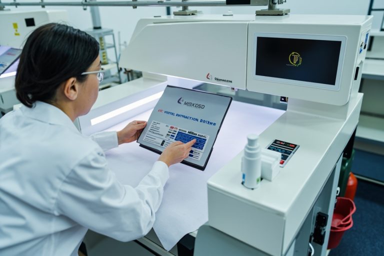 Textile laboratory inspection scene with technician examining fabric label and quality test apparatus.