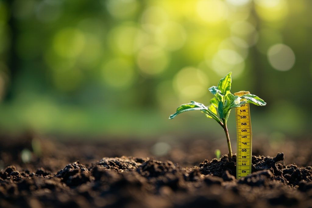 Young tree planted in soil next to a measuring tape, symbolizing carbon insetting in textile supply chains.